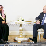 Russian President Vladimir Putin attends a meeting with Saudi Defence Minister Prince Mohammad Bin Salman at the Konstantin Palace in St. Petersburg